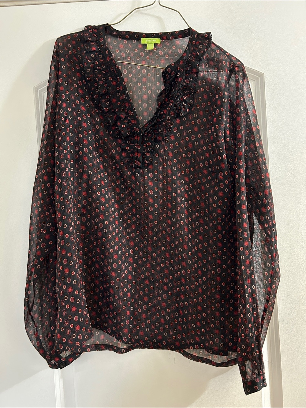Sheer Ruffle V-Neck Blouse in Black with Red Dot Print